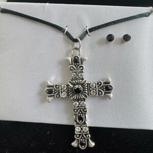 Vintage Silver and Black Gothic Cross Necklace and Earring Set